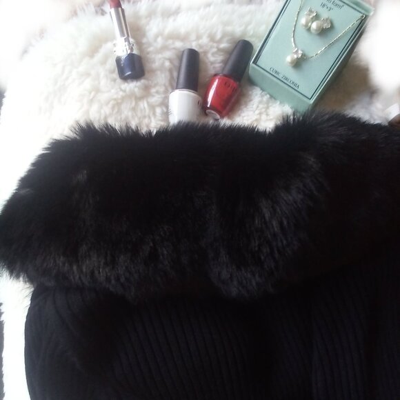 🎀TAYLOR Onyx Mini Sweater Dress w/Faux Fur Collared Cardigan Set  (L) NWT - Picture 5 of 11